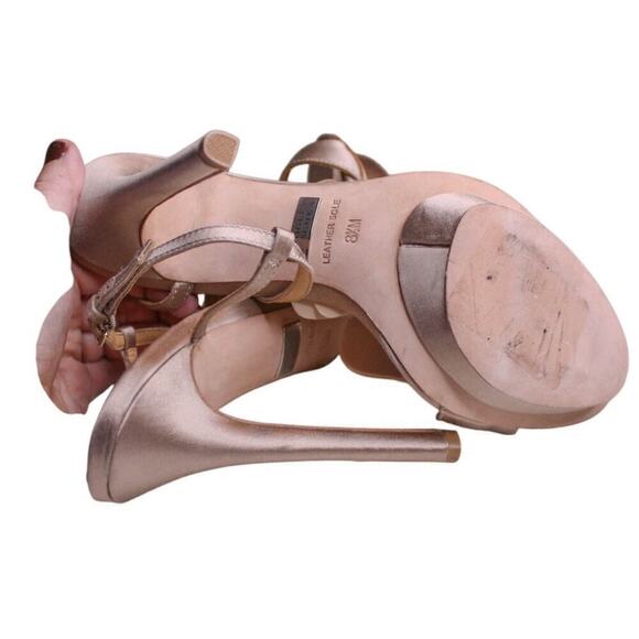 Badgley Mischka Champagne Satin Fabric Floral Ruffle High Heel Sandals